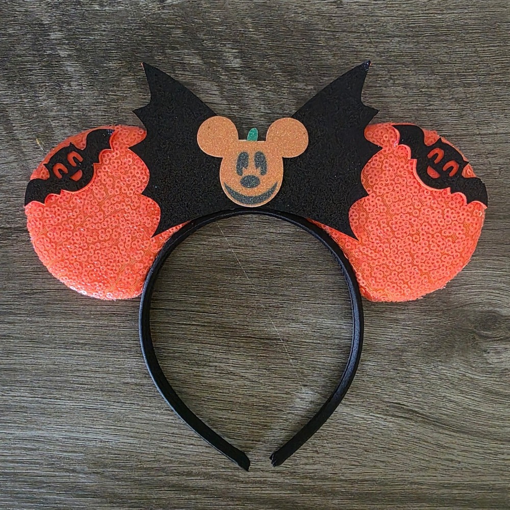 Halloween Mouse Ears Headband Orange Sequin Bat Pumpkin Mickey Kids